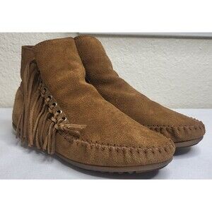 Minnetonka Womens Size 10 Fringe Suede Ankle Boot Moccasin Brown Side Zip 663